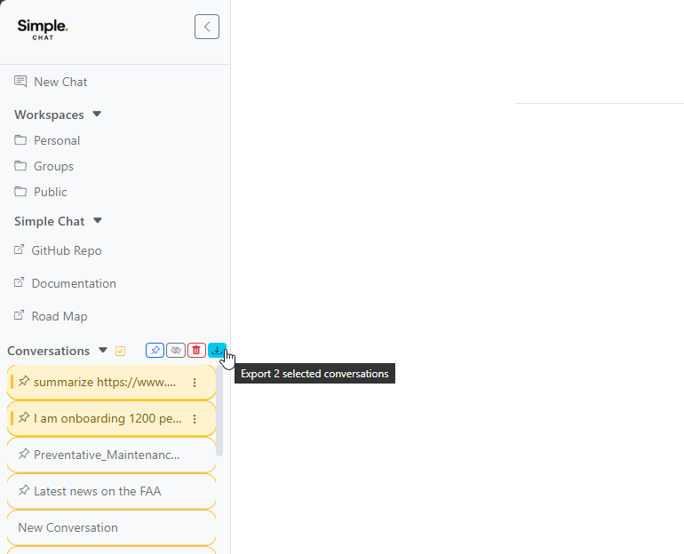Multi-select export mode with 2 conversations selected