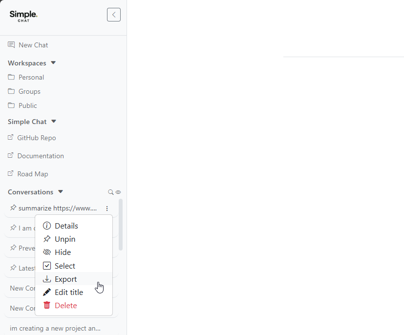 Single conversation export via context menu