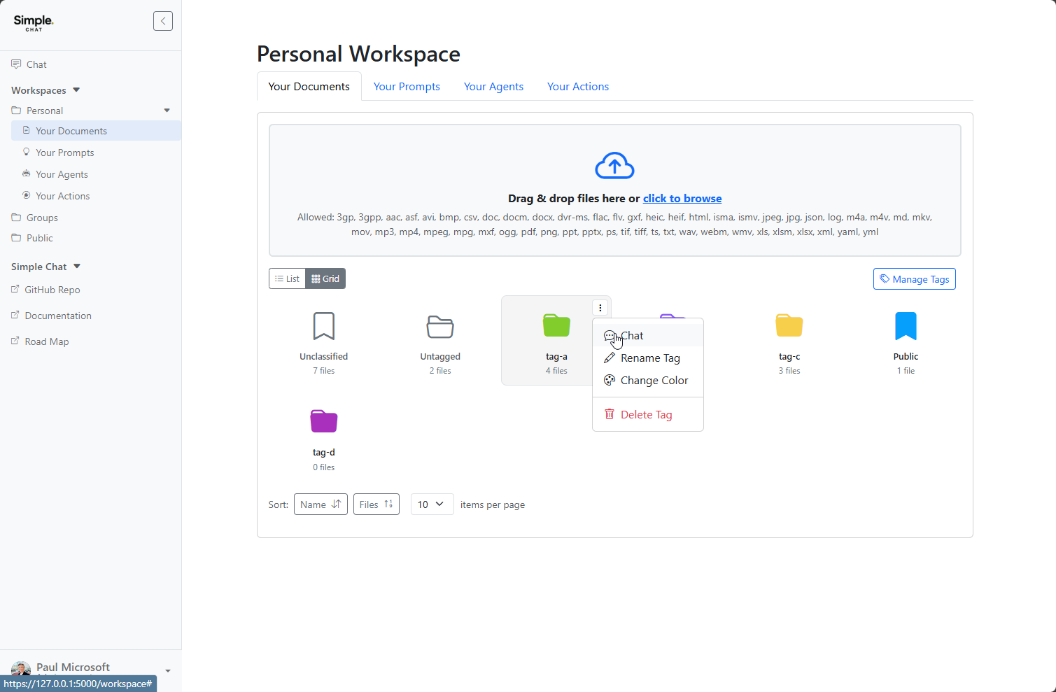 Tags, Grid View, and Chat Filtering | Simple Chat Documentation