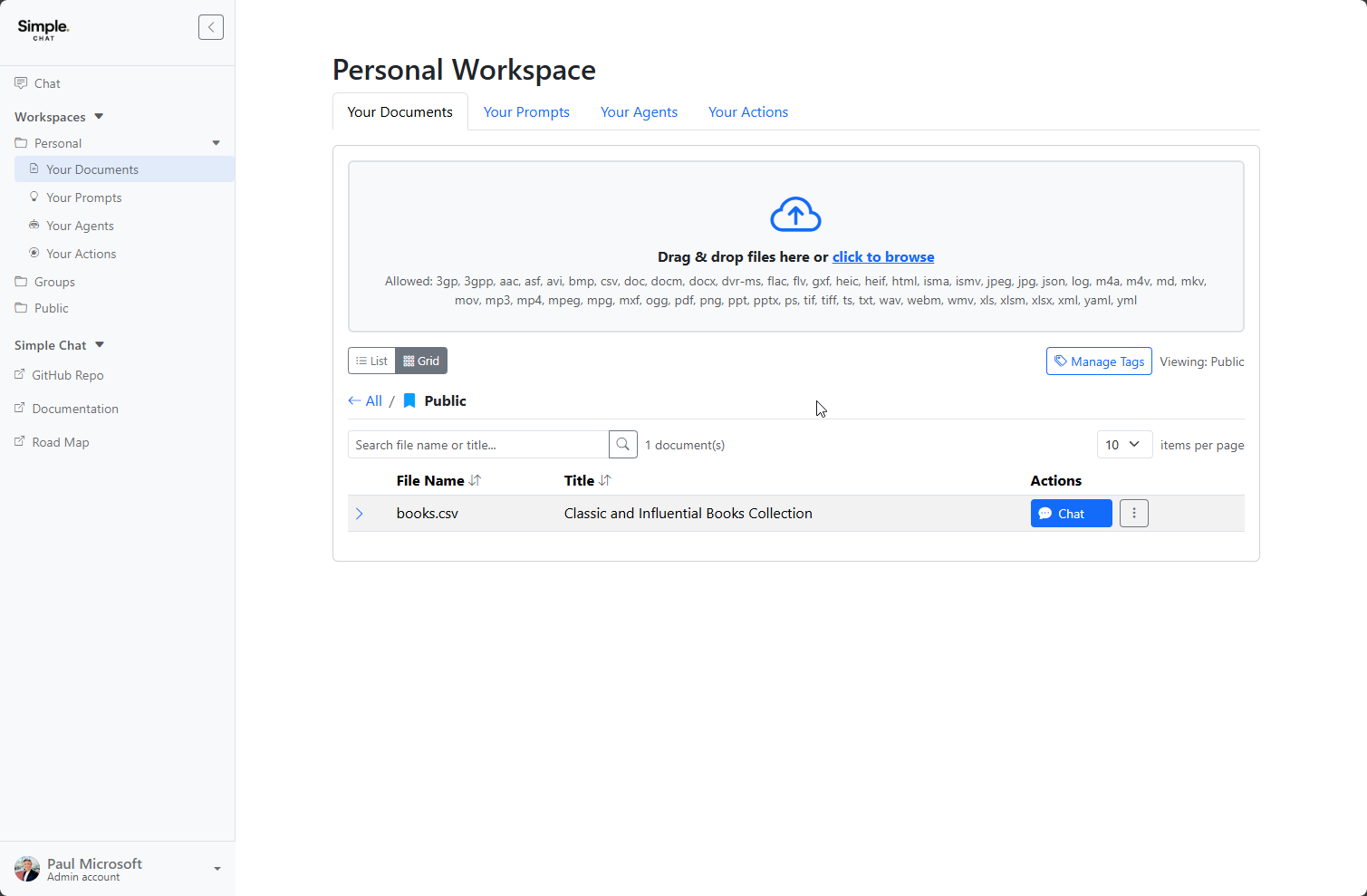 Tags, Grid View, and Chat Filtering | Simple Chat Documentation