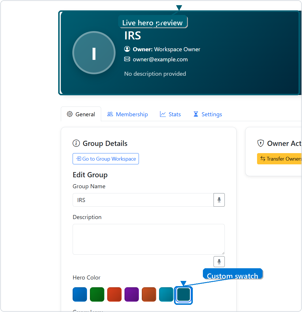Annotated group workspace manage page showing custom hero color swatch and live hero preview.