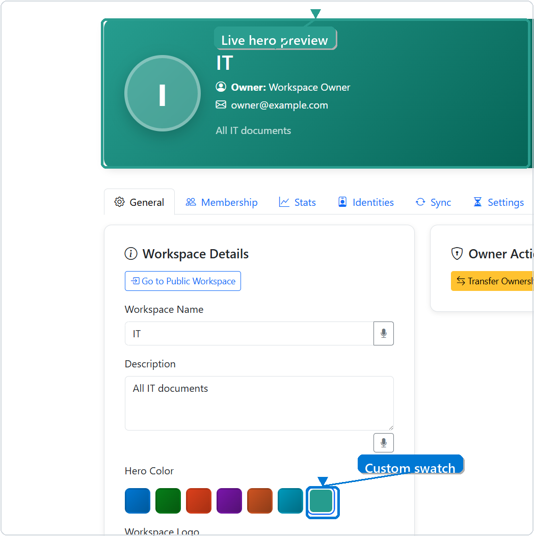Annotated public workspace manage page showing custom hero color swatch and live hero preview.