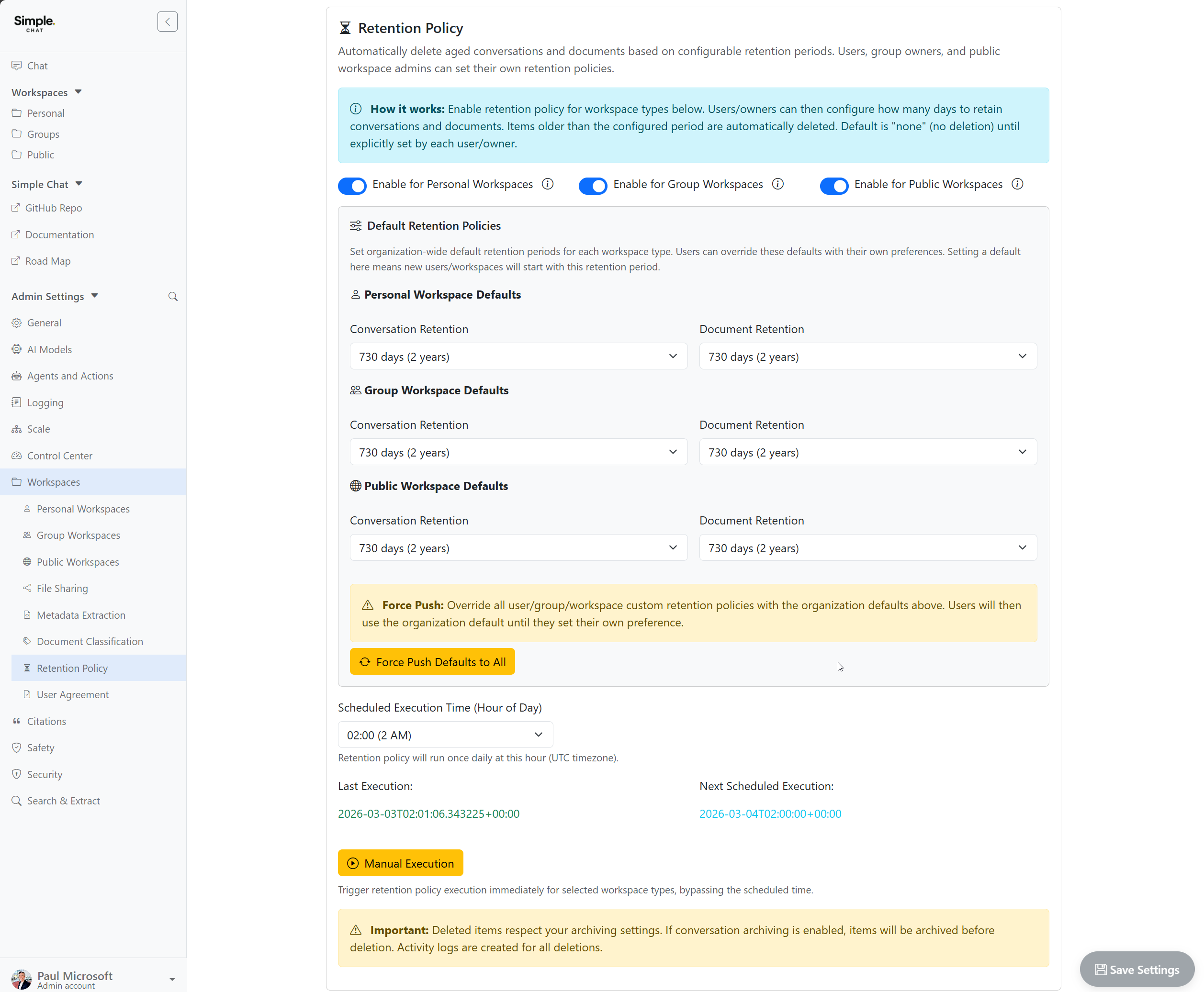 Admin Settings - Retention Policy configuration