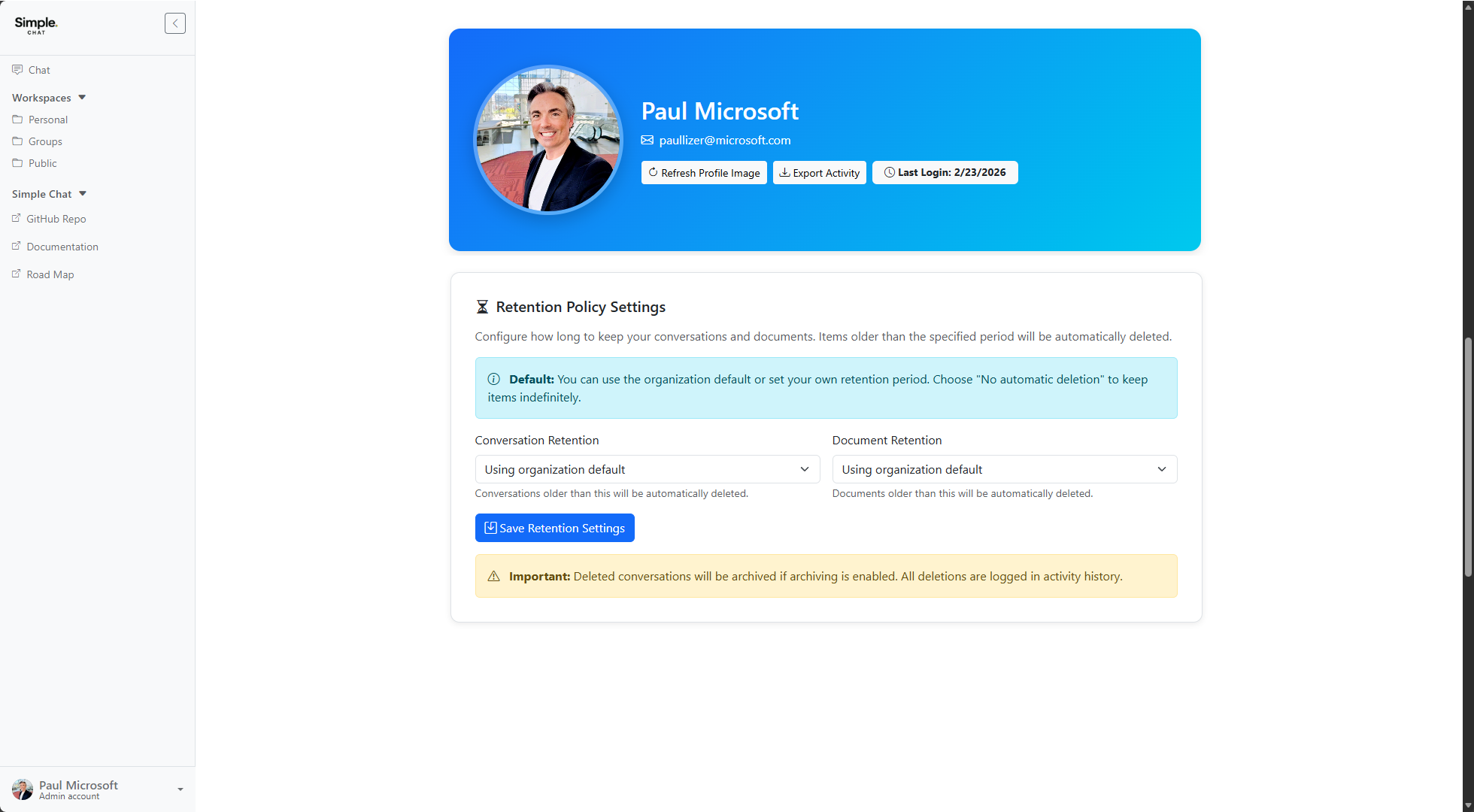 Personal retention policy settings on profile page
