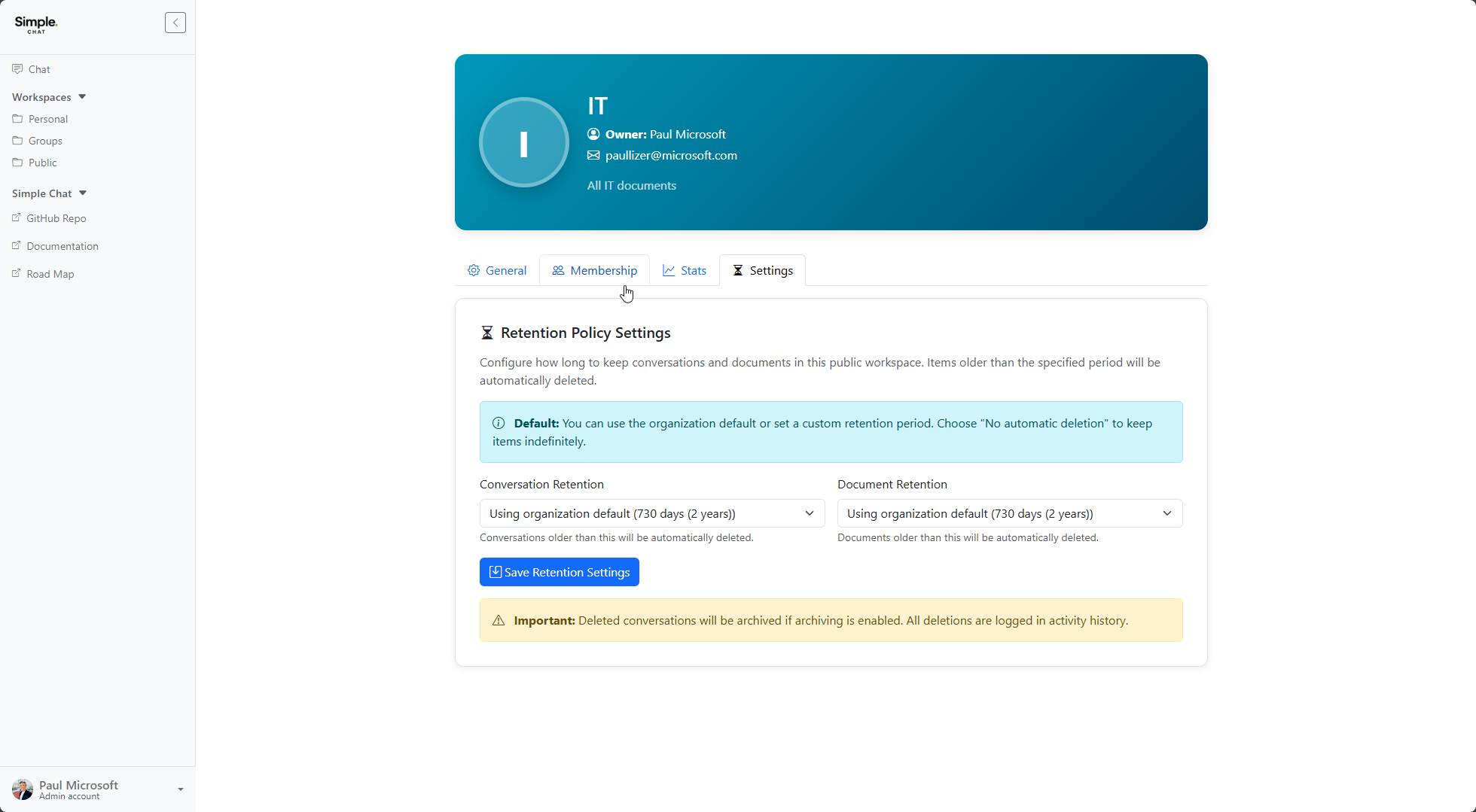 Public workspace retention policy settings