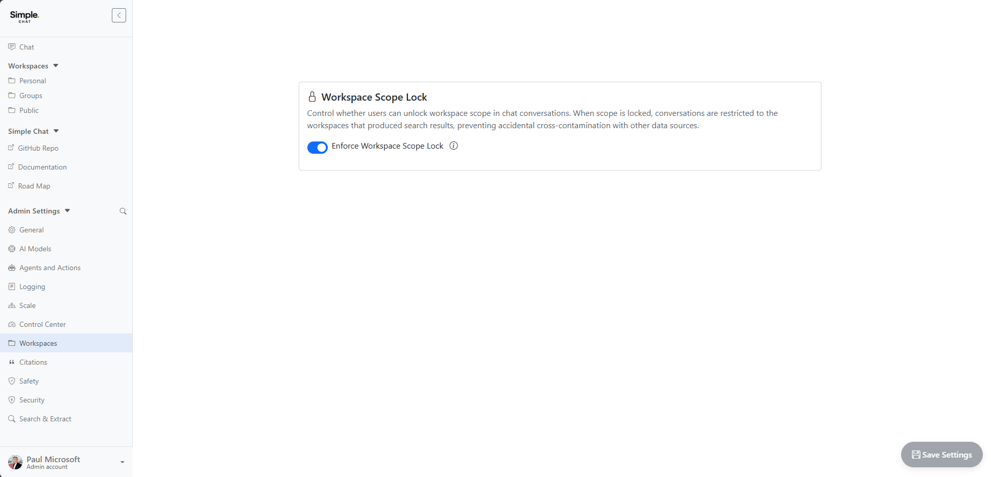 Admin Settings - Enforce Workspace Scope Lock toggle