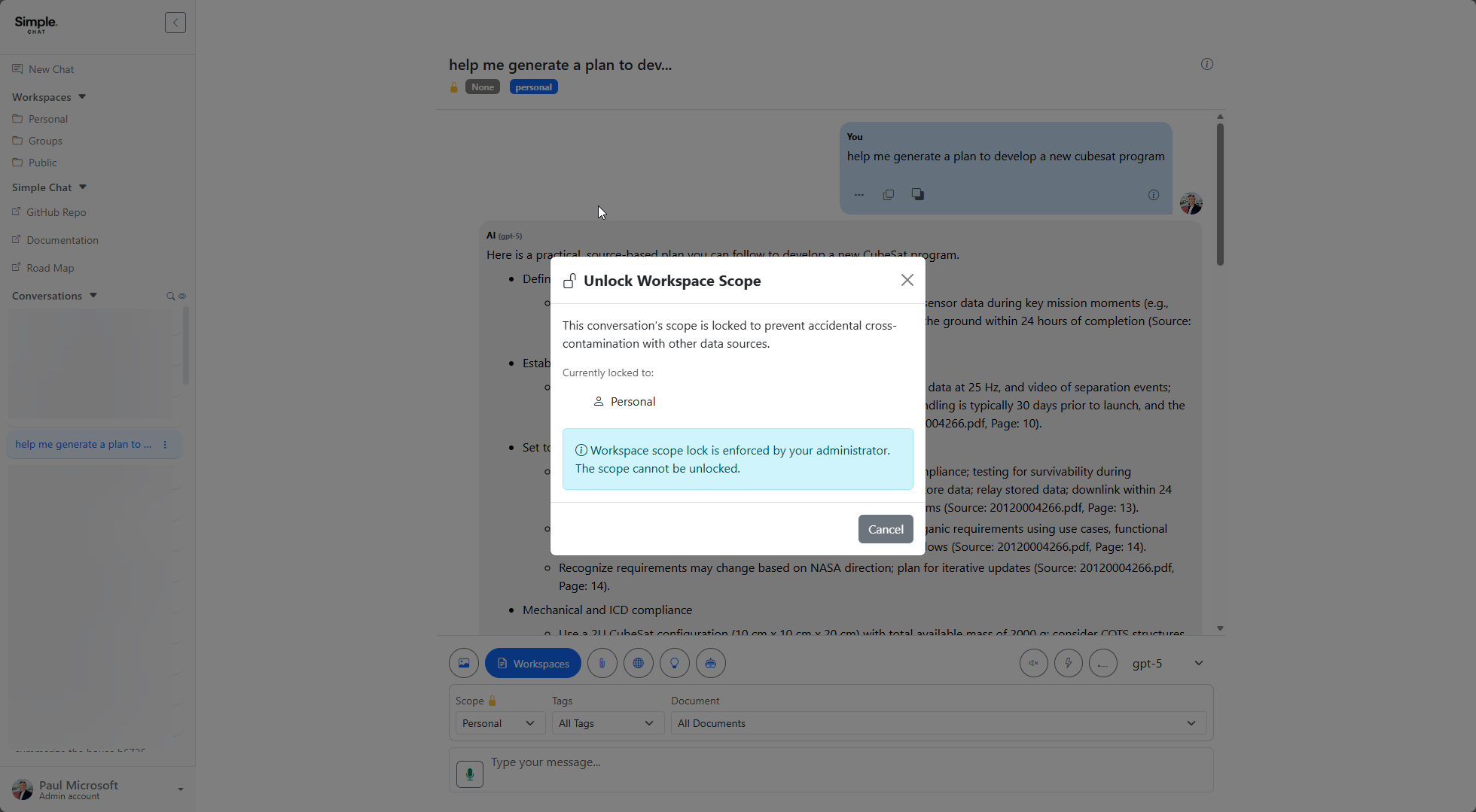 Informational modal showing scope lock is enforced by administrator