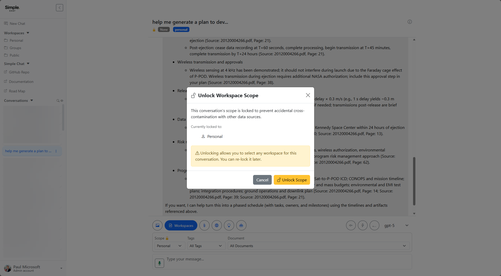 Unlock Workspace Scope modal with Unlock Scope button