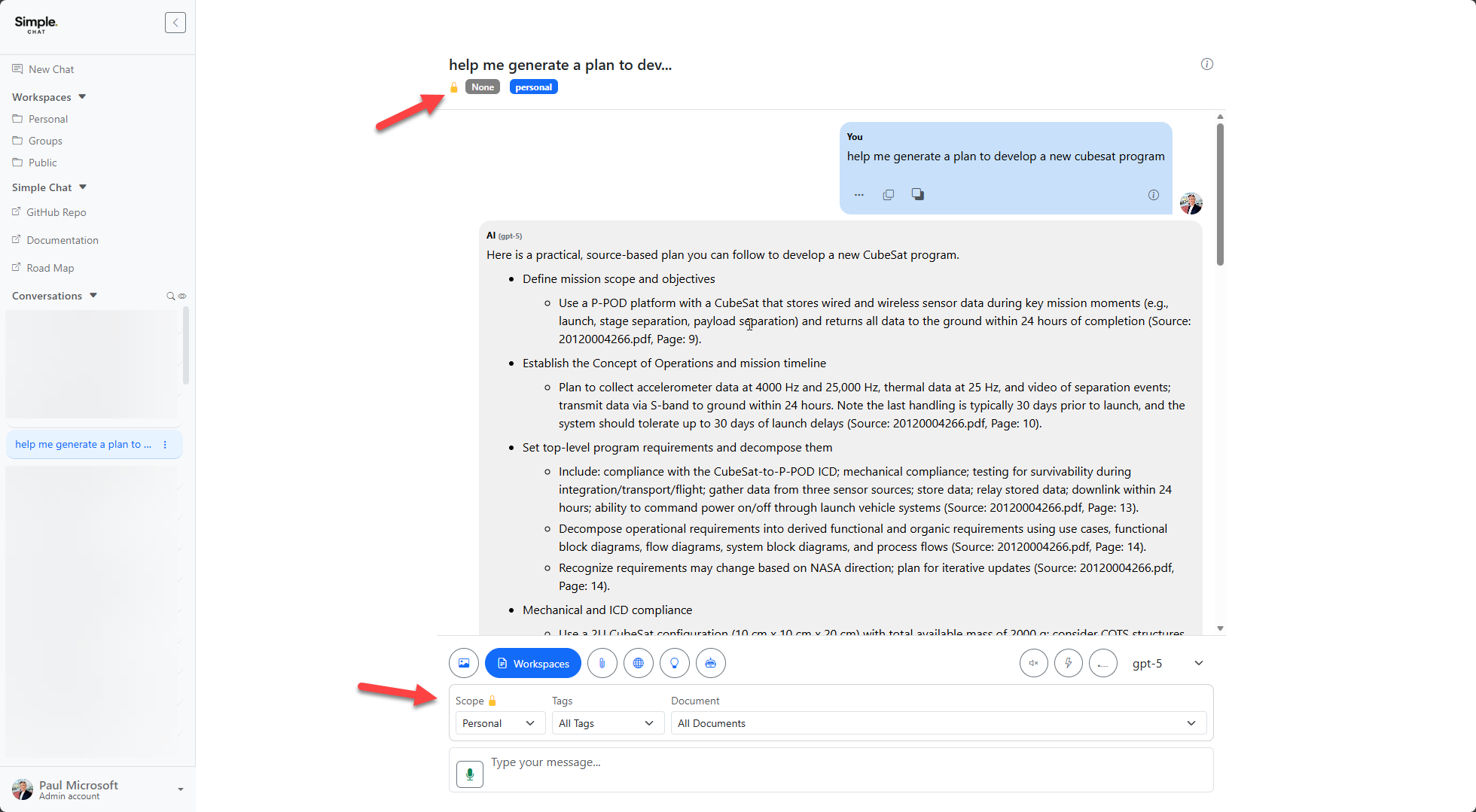 Chat interface showing locked scope indicator and workspace badges