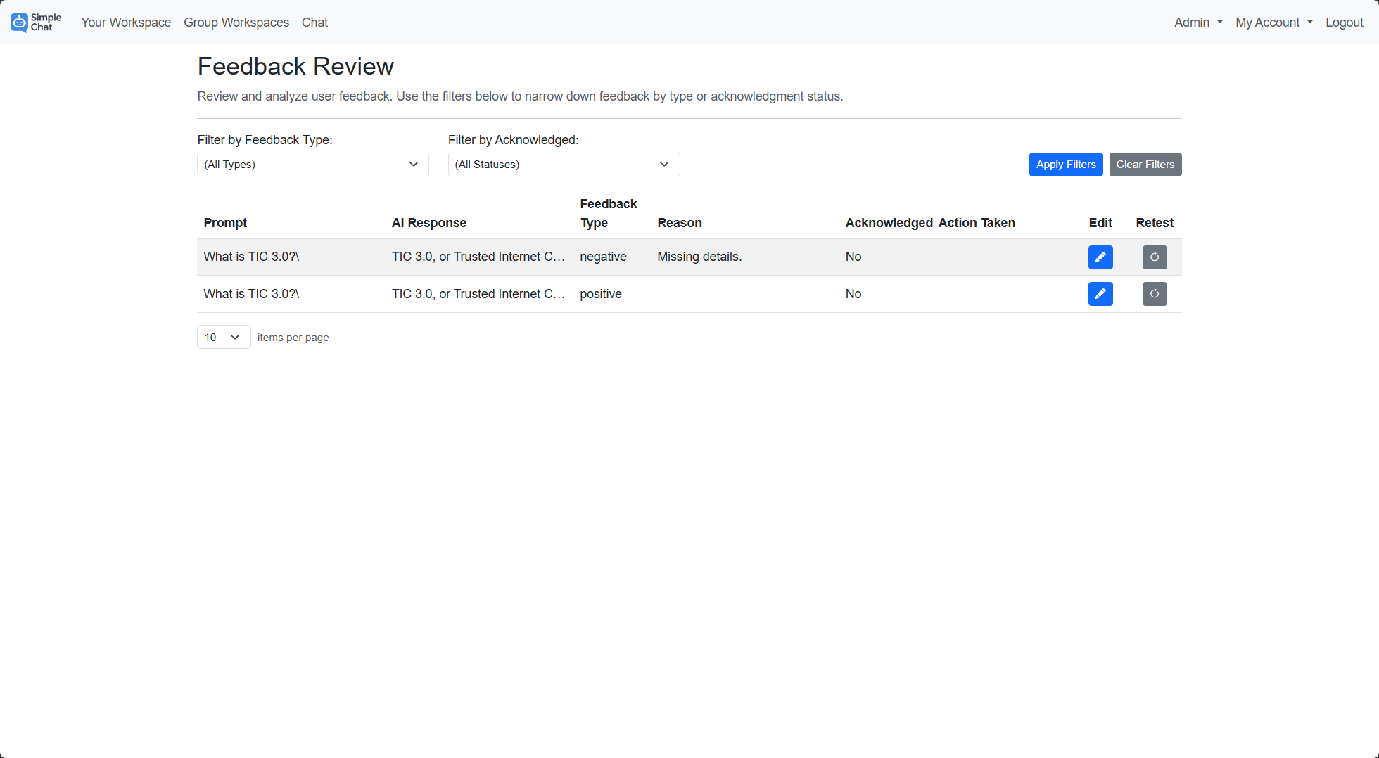 Feedback Review - List all