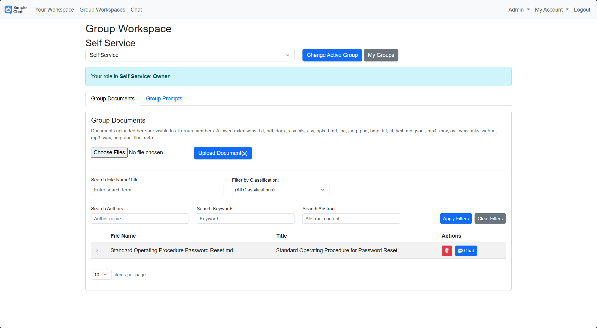 Group Workspace - Document list