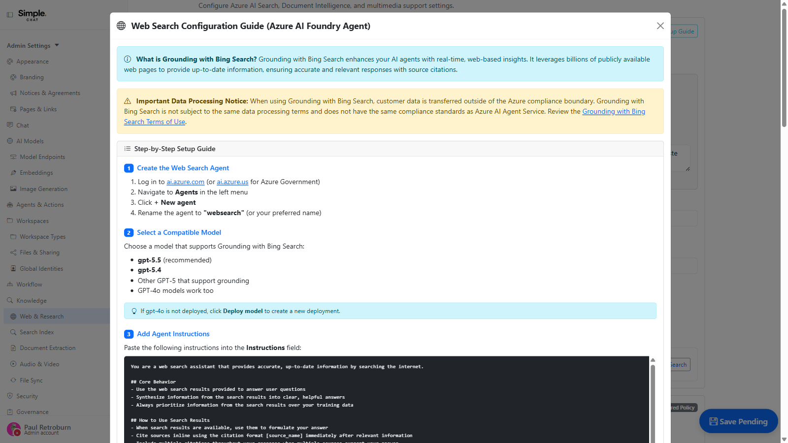 The Web Search configuration guide explaining Grounding with Bing Search, warning that customer data is transferred outside the Azure compliance boundary, and listing the numbered prerequisites for creating the agent and choosing a compatible model.