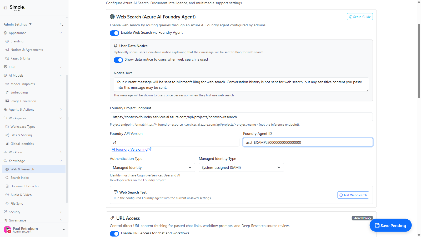 The Web Search settings pane with the capability enabled, the user data notice switched on with its notice text, and the Foundry project endpoint, API version, agent ID and authentication fields populated above a Test Web Search button.