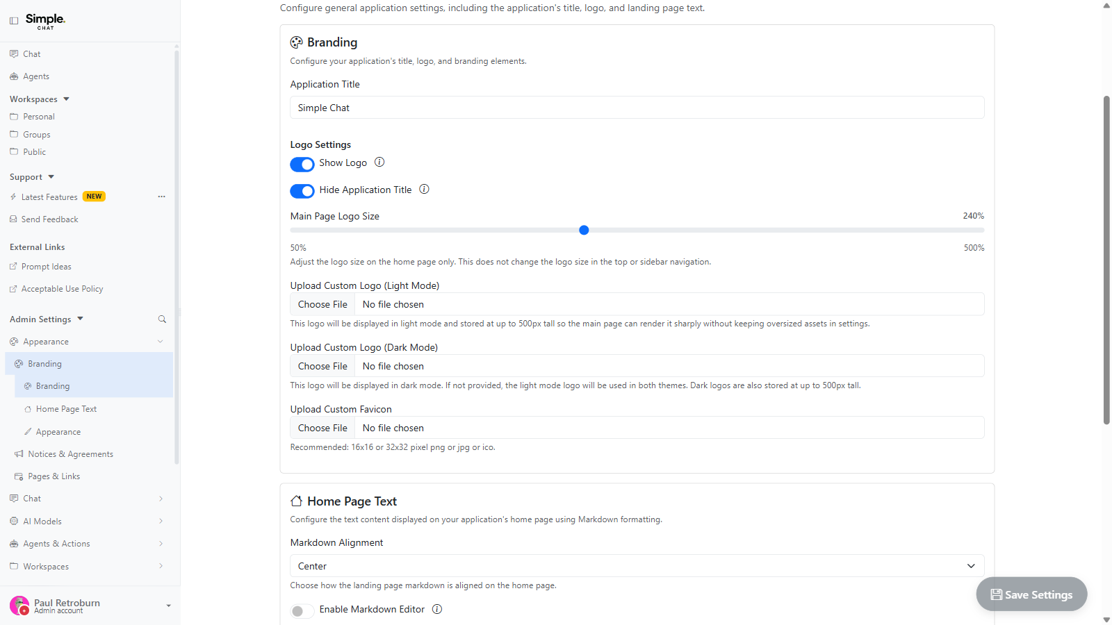 The Branding settings pane showing the application title field, logo visibility toggles, the home page logo size slider, and upload fields for light-mode and dark-mode logos and a favicon.