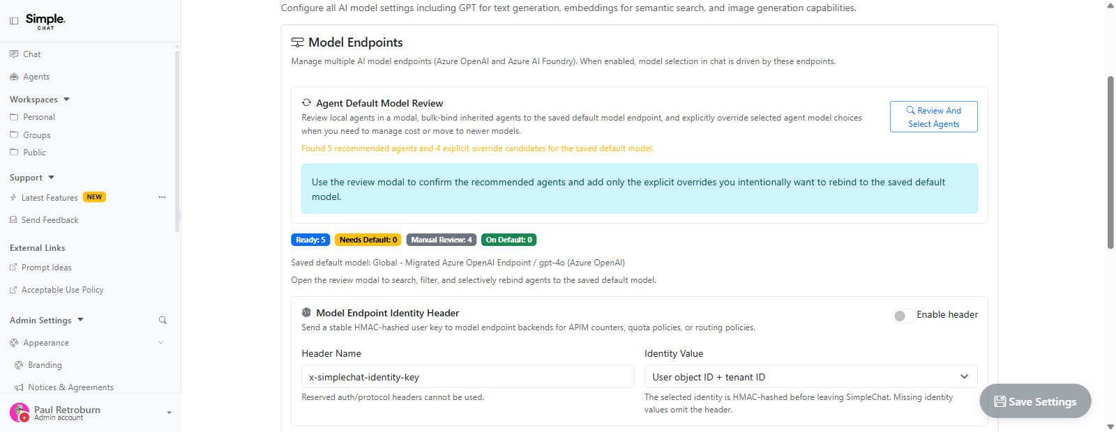 The Model Endpoints pane showing the agent default model review panel with its readiness counts, the saved default model, and the model endpoint identity header settings.
