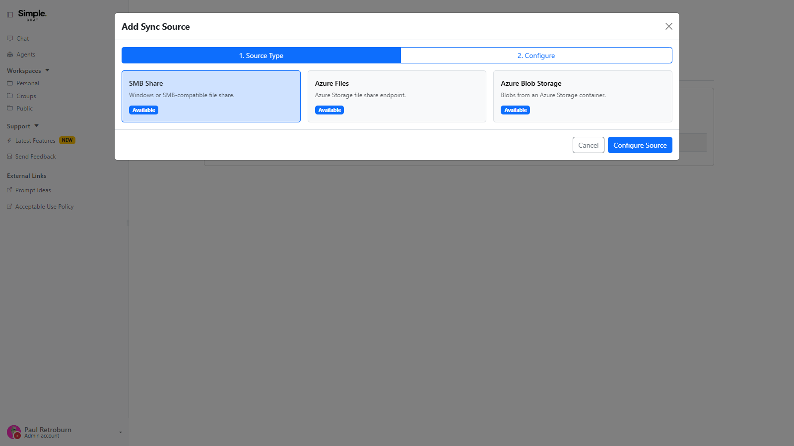 The Add Sync Source dialog on the Source Type step, offering SMB Share, Azure Files, and Azure Blob Storage as available source types.