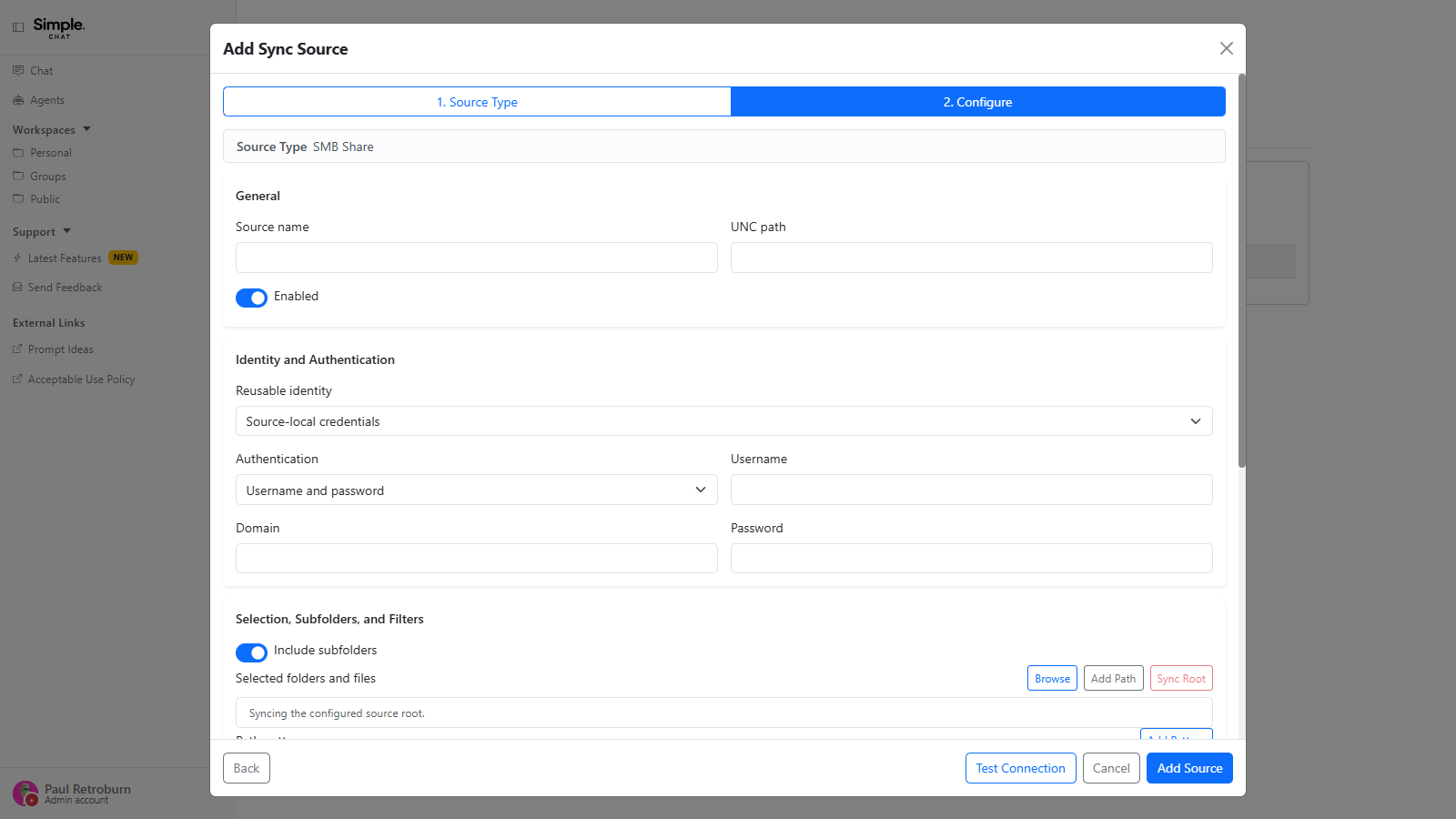 The Configure step of the Add Sync Source dialog for an SMB share, showing source name and UNC path, the reusable identity and authentication choices, and the subfolder and filter selection controls.
