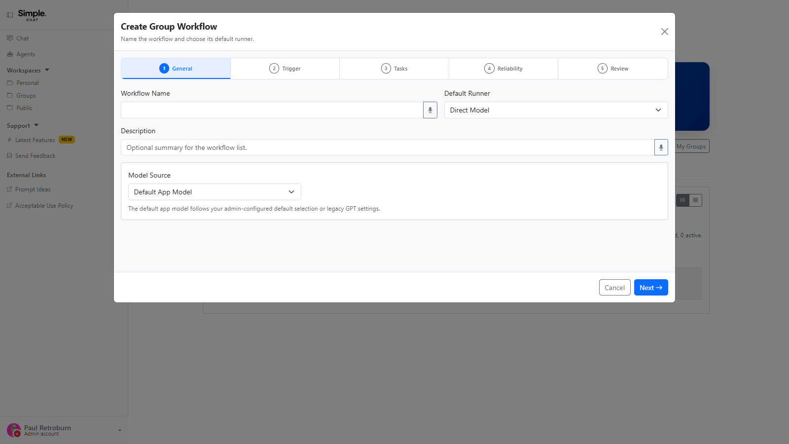 The Create Group Workflow dialog on the General step, showing the workflow name, default runner, description, and model source fields, with Trigger, Tasks, Reliability, and Review still ahead.