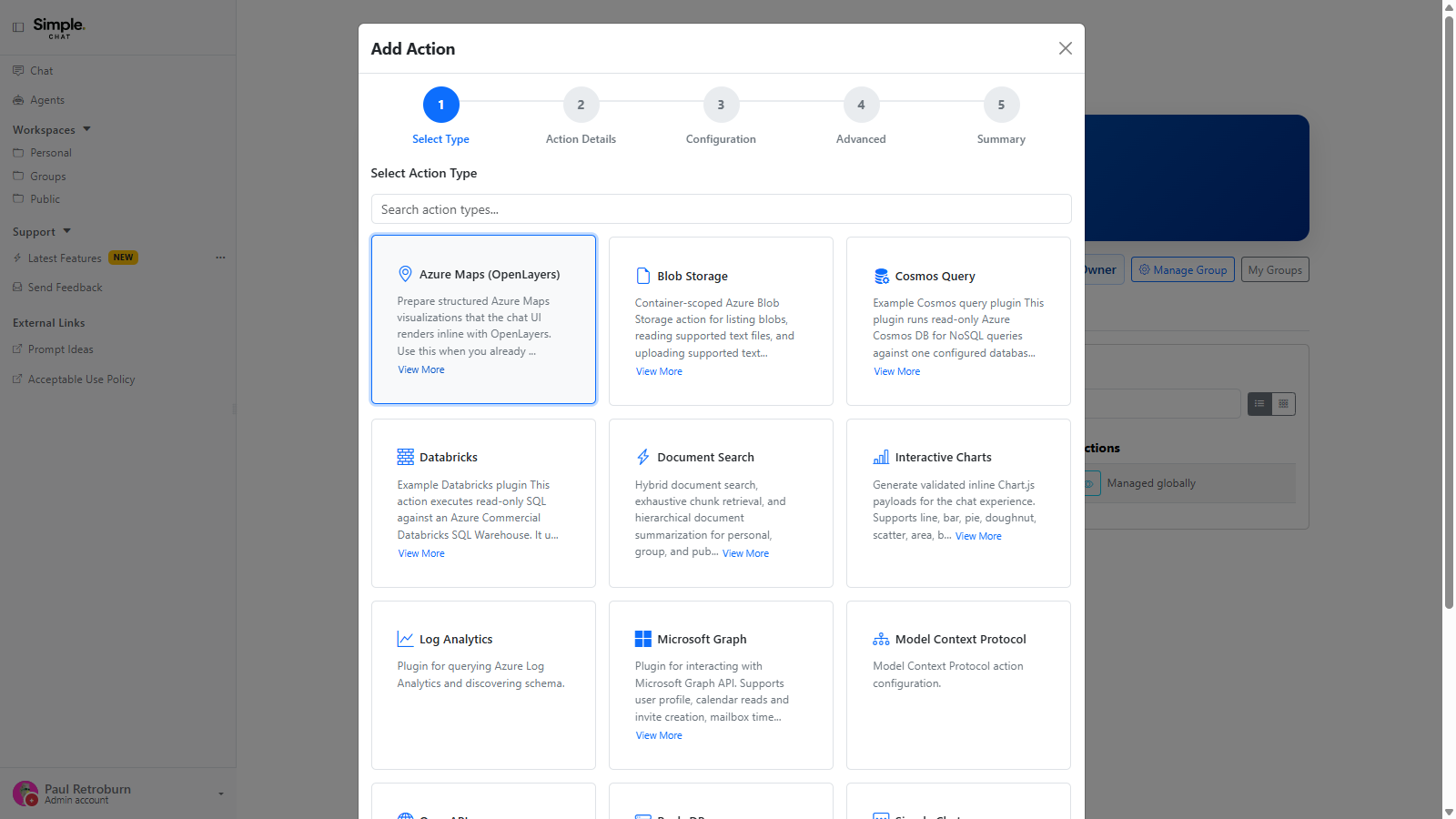 The Add Action dialog on Select Type, showing a searchable grid of action type cards including Azure Maps, Blob Storage, Cosmos Query, Databricks, Document Search, Interactive Charts, Log Analytics, Microsoft Graph, and Model Context Protocol.