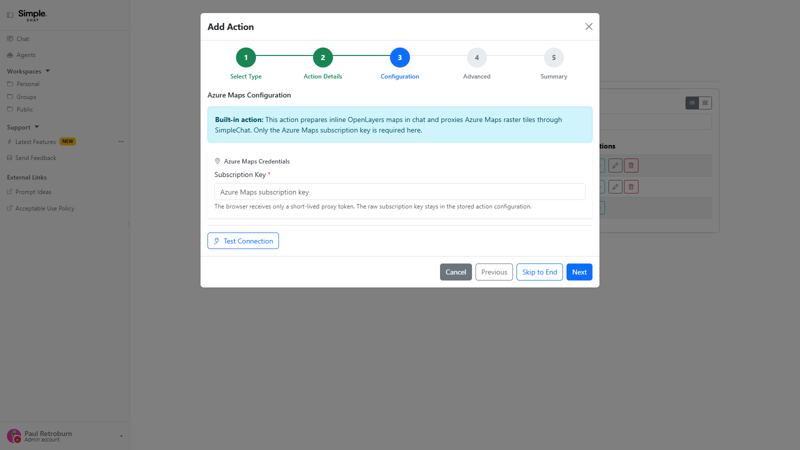 The Add Action wizard on the Configuration step for an Azure Maps action, showing the credentials section, the subscription key field, and a Test Connection button.