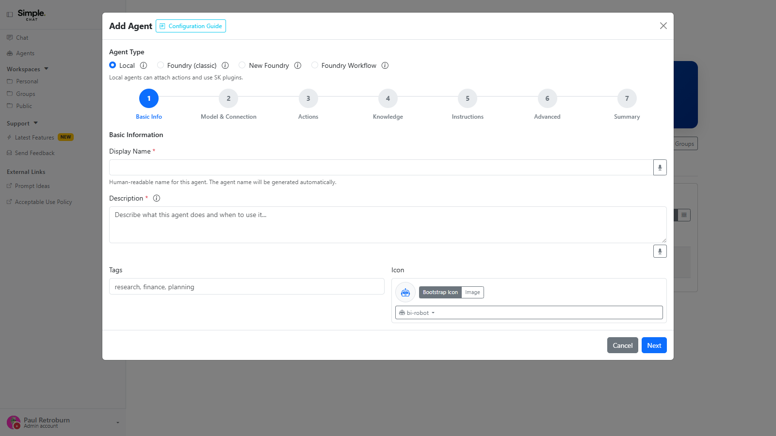 The Add Agent dialog on Basic Info, showing the Agent Type choice between Local and Foundry options and the seven-step progress bar through Model, Actions, Knowledge, Instructions, Advanced, and Summary.