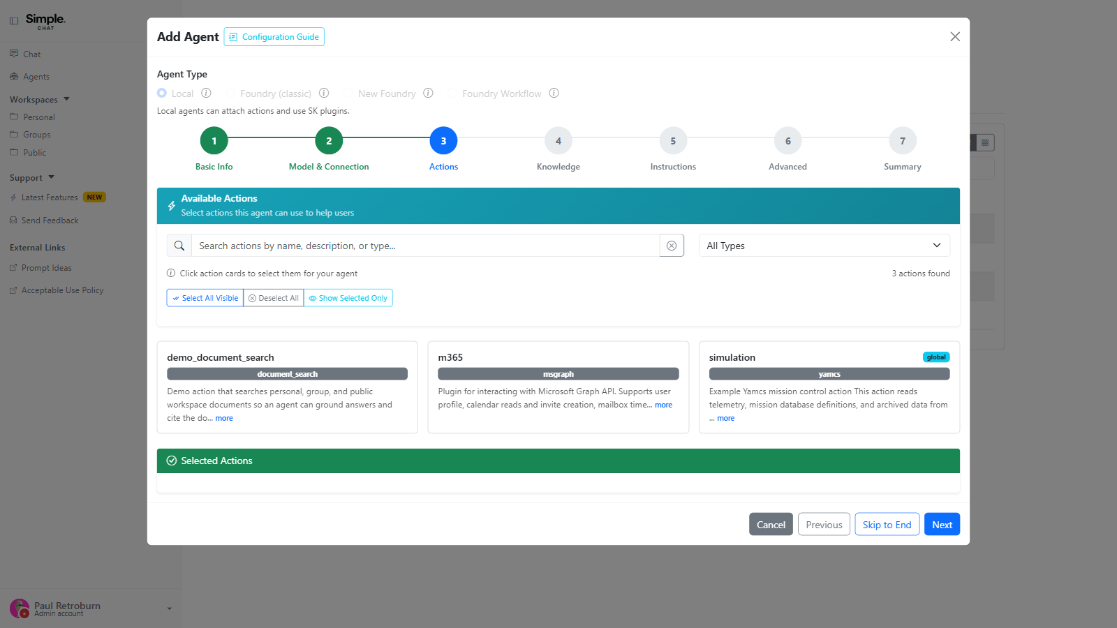 The Actions step of the Add Agent wizard showing searchable action cards for document search, Microsoft Graph, and a Yamcs simulation, above an empty Selected Actions panel.