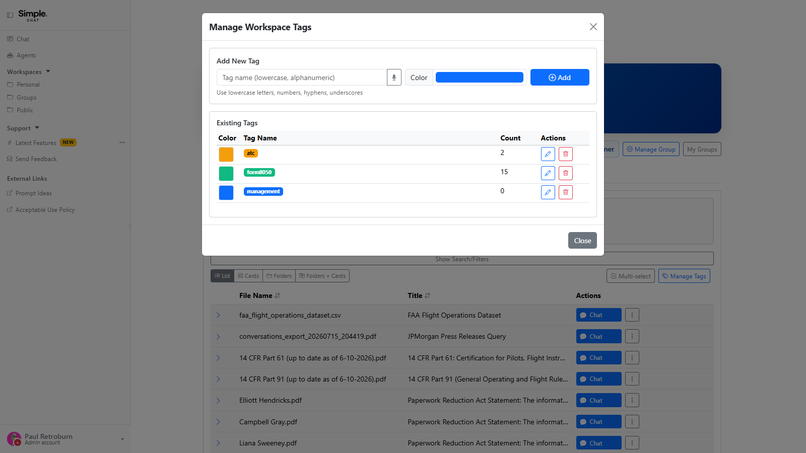 The Manage Workspace Tags dialog with the Add New Tag name and color fields, and an Existing Tags table listing each tag with the number of documents using it.