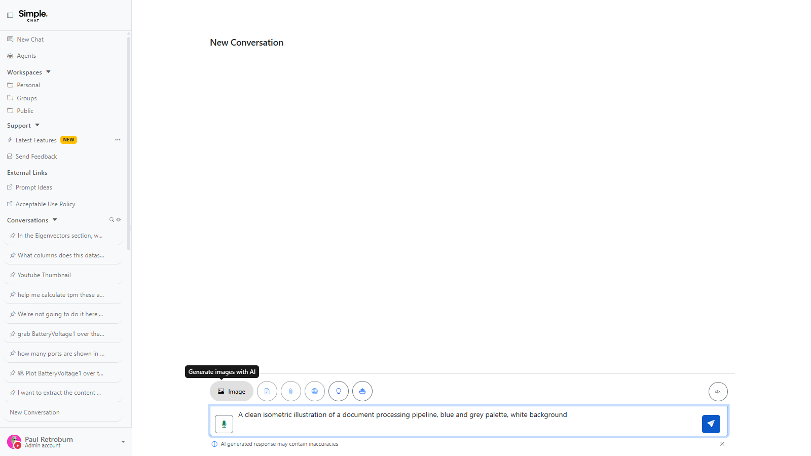 The chat composer with Image mode active and its tooltip showing, an image prompt typed in the message box, and the other source controls greyed out.