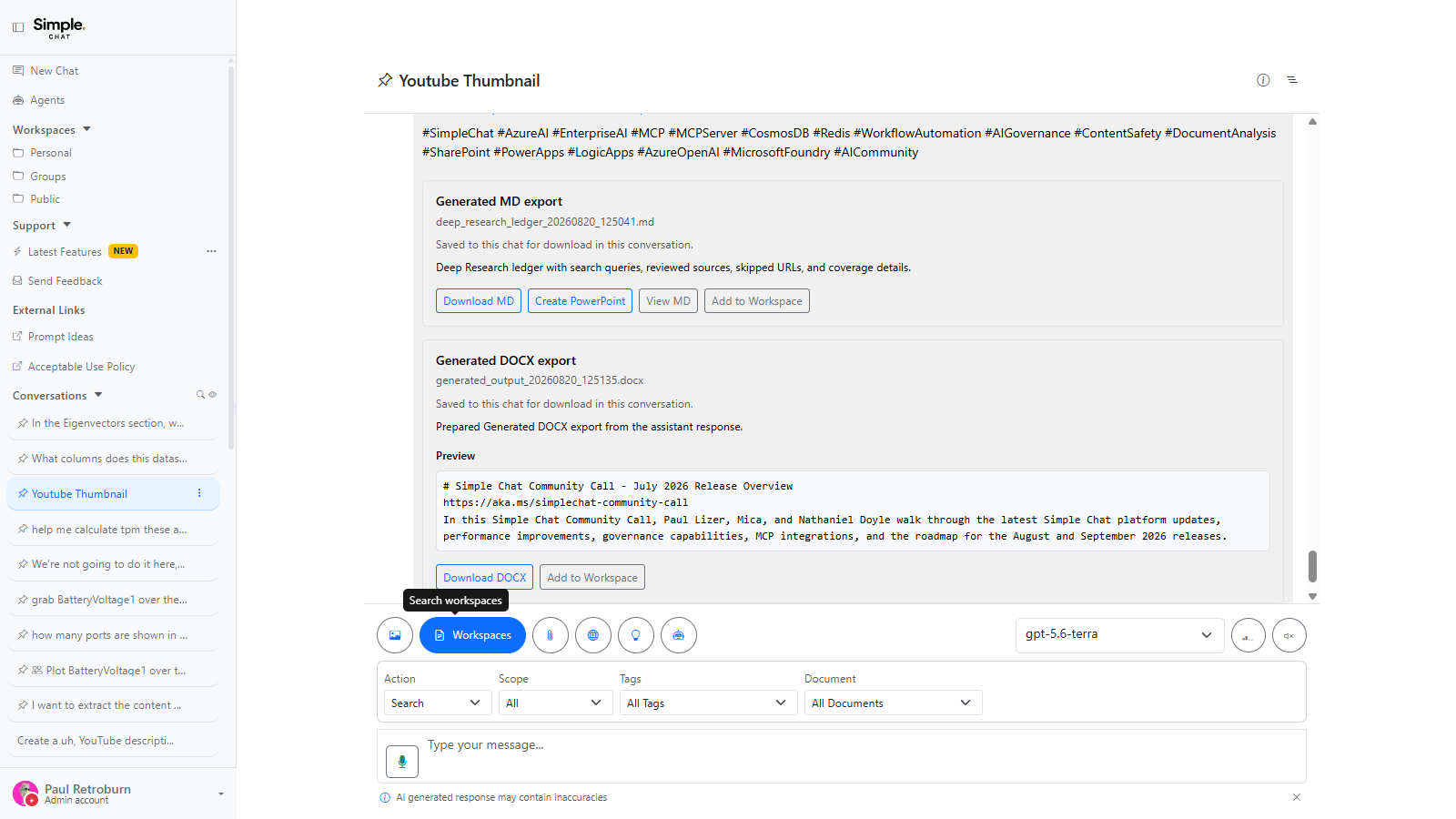 The Grounded Search panel open above the composer, showing the Action, Scope, Document, and Tags selectors used to choose what a message searches.