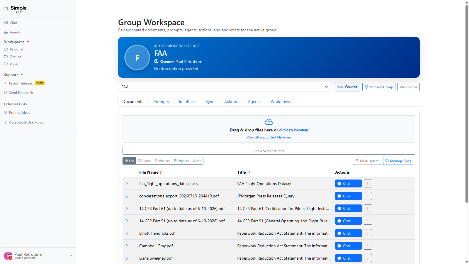 The Group Workspace page showing the active group banner, the group selector with the viewer's role, and the Documents, Prompts, Identities, Sync, Actions, Agents, and Workflows tabs.