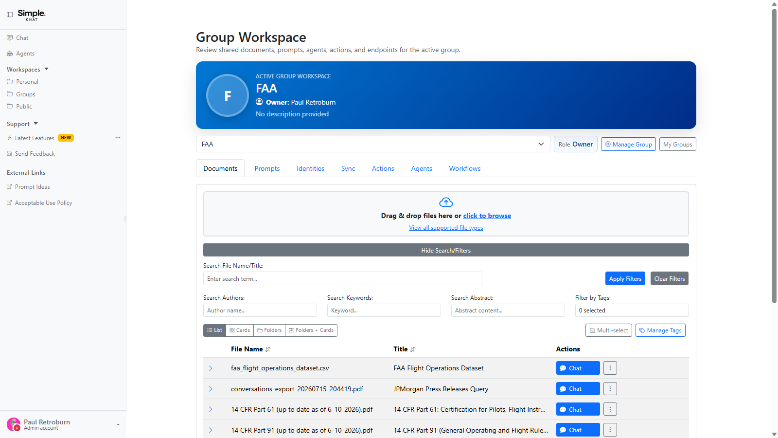 The group Documents tab with search and filter fields expanded, showing filters for file name, author, keywords, abstract, and tags above the shared document list.