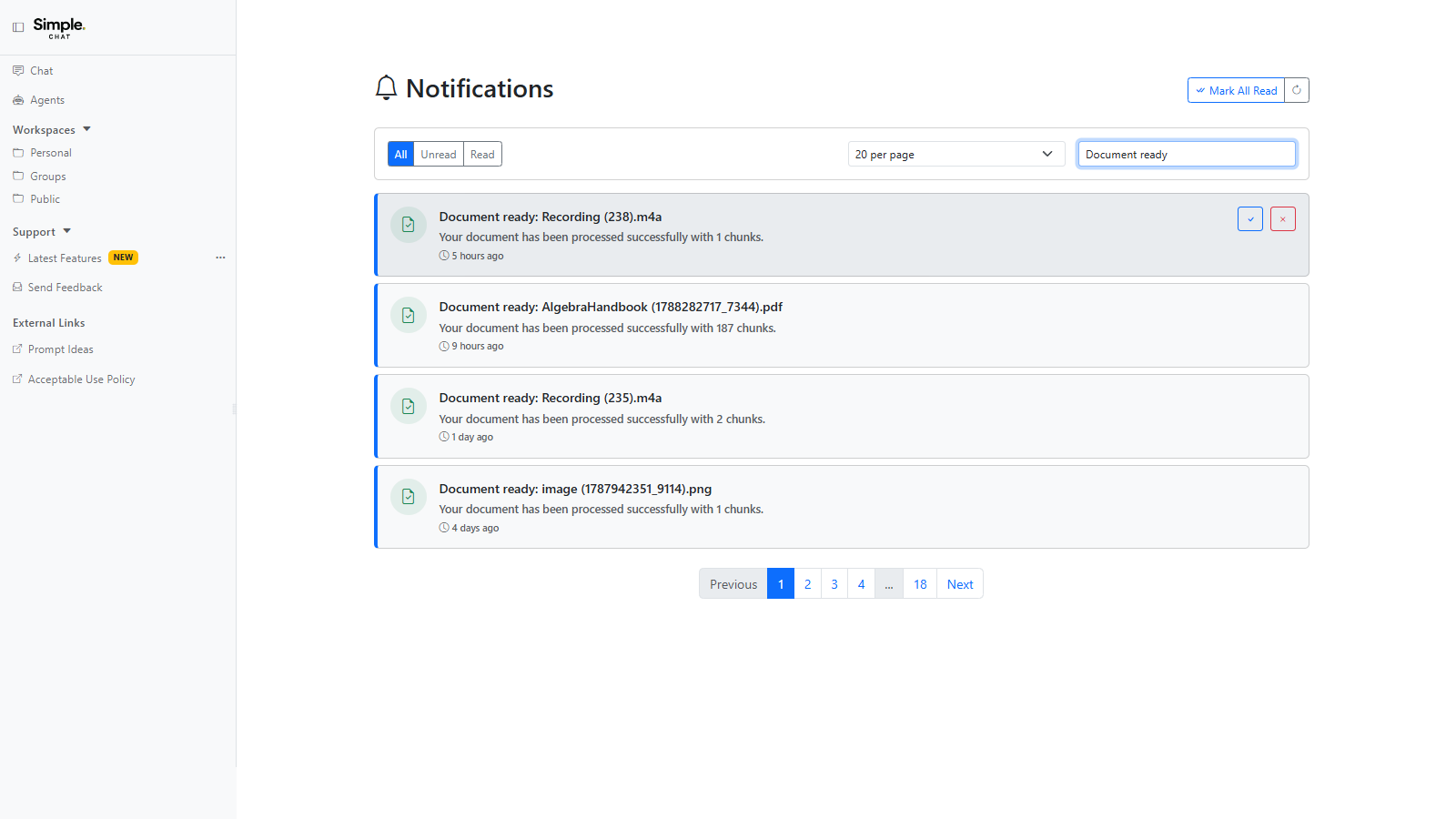The Notifications page showing the All, Unread, and Read filter buttons, the per-page selector, and a search box narrowing the list to document-ready notifications, with paging beneath.