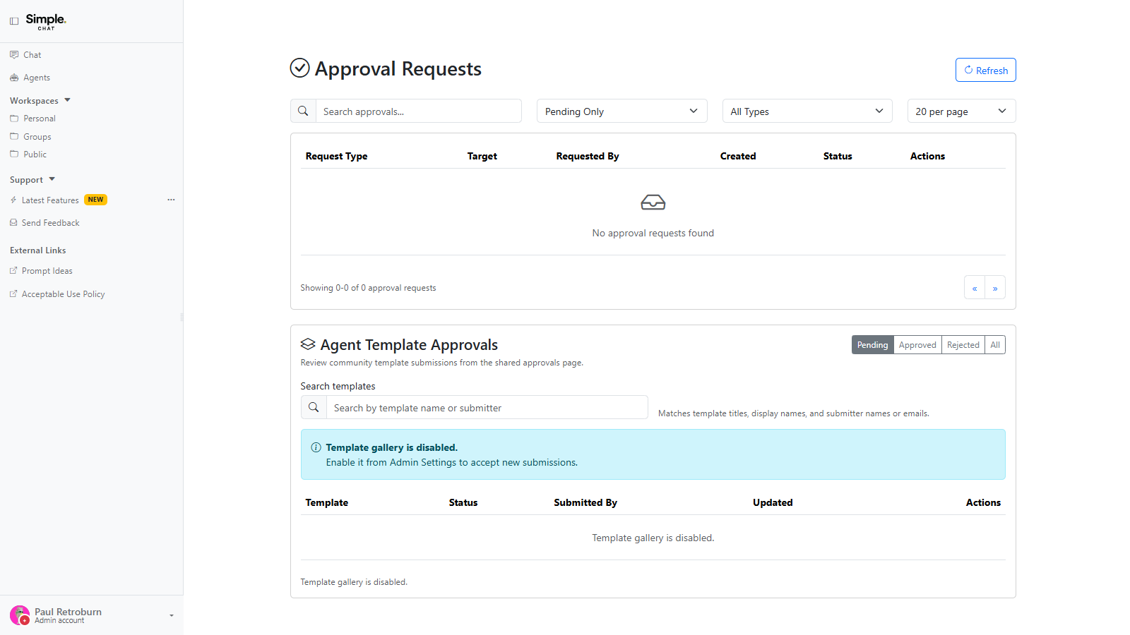 The Approval Requests page with the search box, the Pending Only status filter, the request type filter, and the results table, shown here with an empty queue.