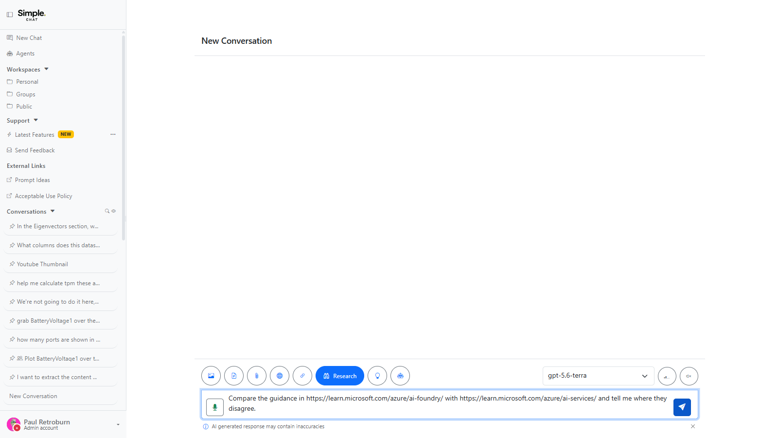 The chat composer with a message containing two pasted URLs, the URL review control now active in the toolbar alongside Research.