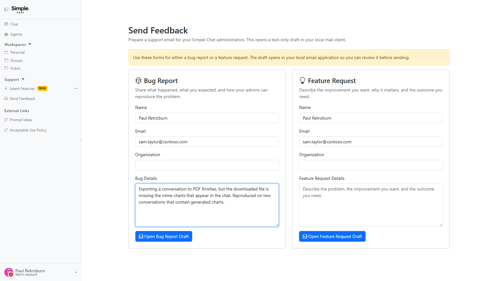 The Send Feedback page with side-by-side Bug Report and Feature Request forms, each carrying name, email, organization, and details fields above a button that opens an email draft.