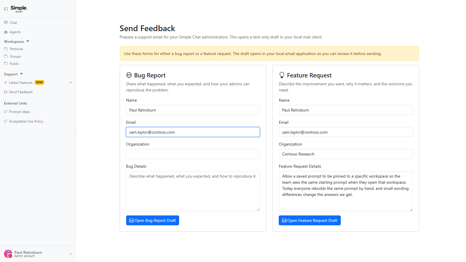 The Feature Request form completed with contact details and a description of the requested improvement, ready for Open Feature Request Draft to hand it to the local mail client.