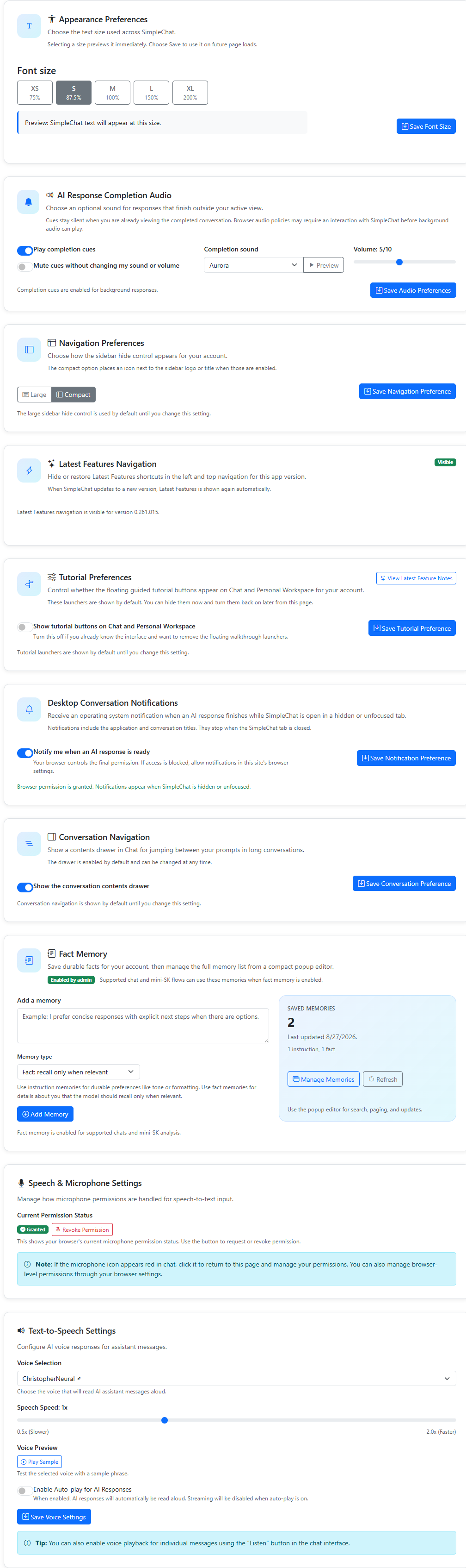 The profile Settings tab showing preference cards for font size, response completion audio, navigation, Latest Features visibility, tutorials, desktop notifications, conversation navigation, fact memory, microphone permission, and text-to-speech voice.