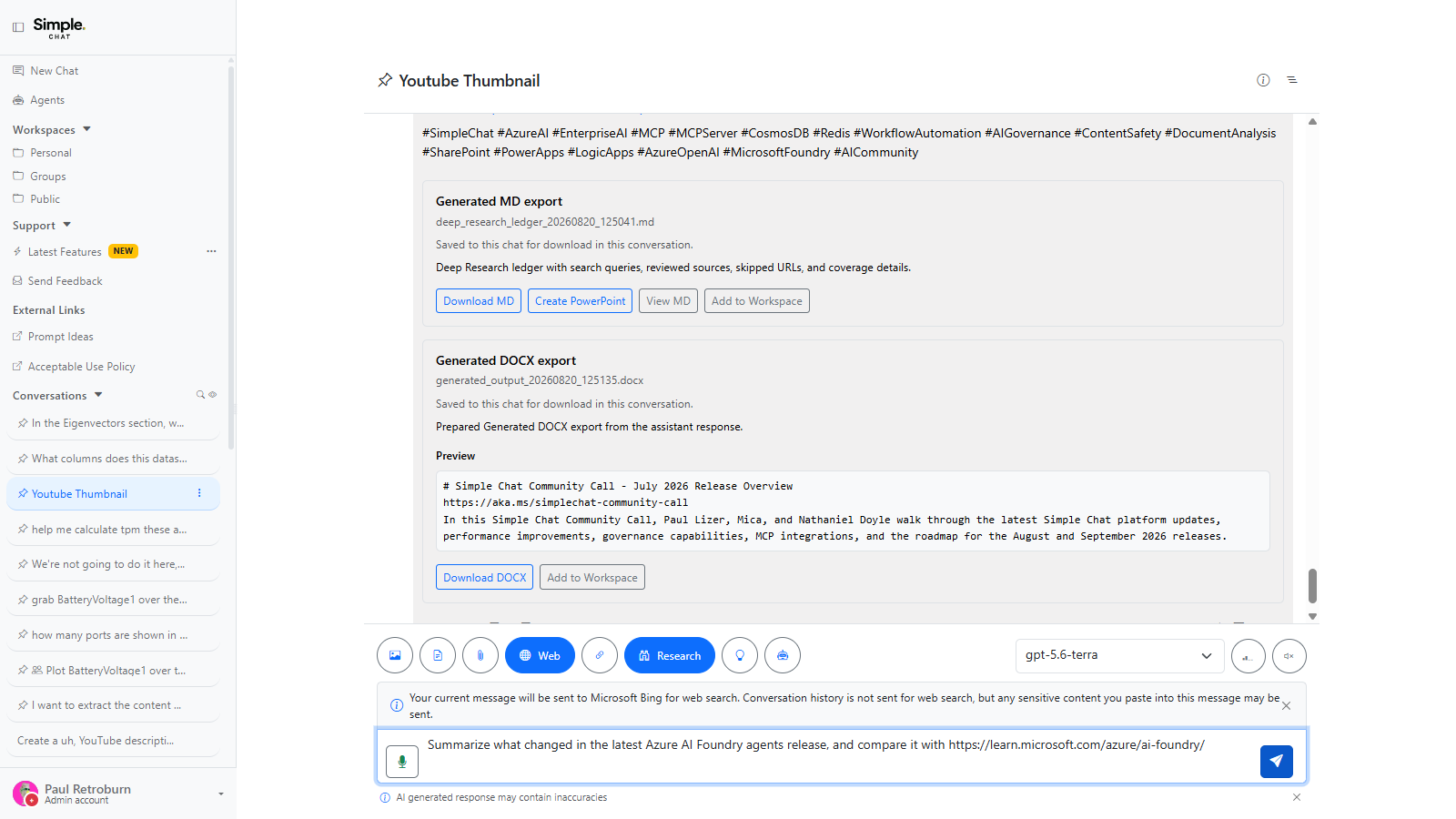 The chat composer with Web and Research both active, a question containing a URL typed in the message box, and the web search data notice above it.