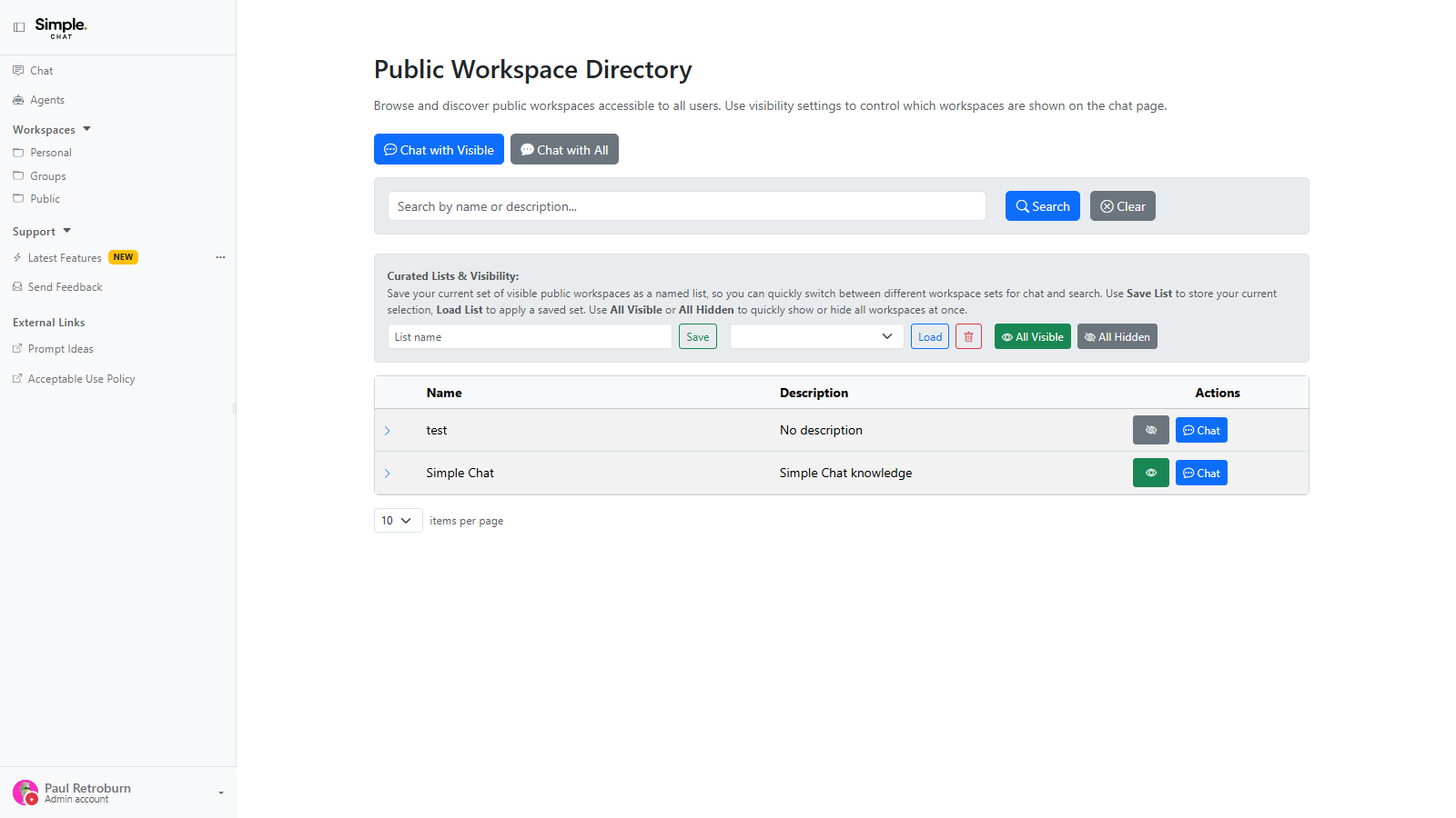 The Public Workspace Directory listing available public workspaces with per-workspace visibility and Chat buttons, plus controls for saving and loading curated visibility lists.