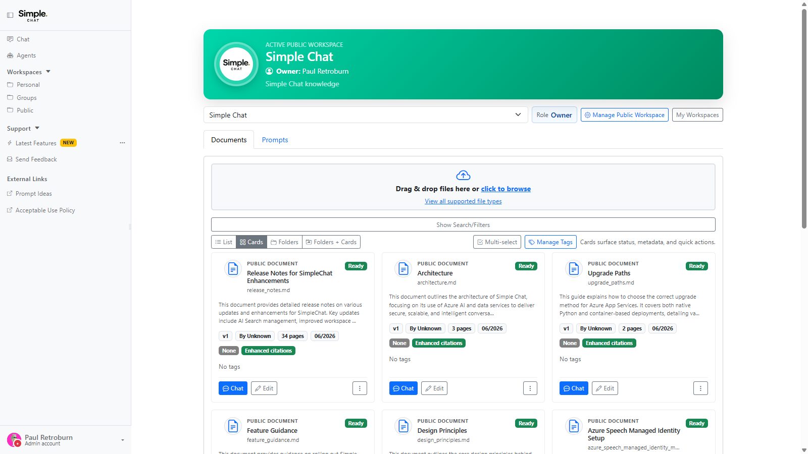 A public workspace in Cards view, showing the List, Cards, Folders and Folders + Cards view switcher above document cards that each carry status, version, page count, tags, and Chat and Edit actions.