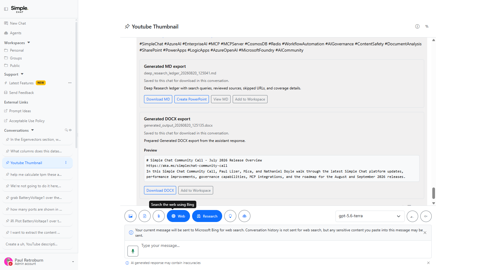 The chat composer with the Web control switched on and the data notice banner visible above the message box.