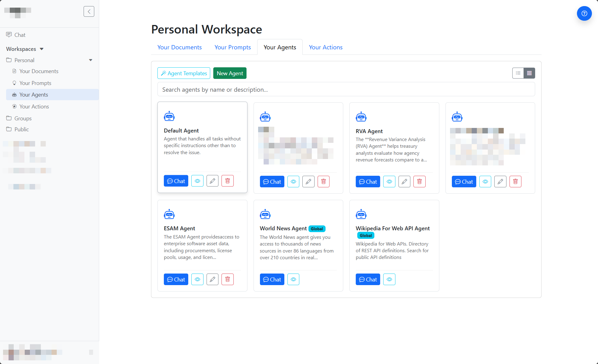 Agent and action grid view screenshot