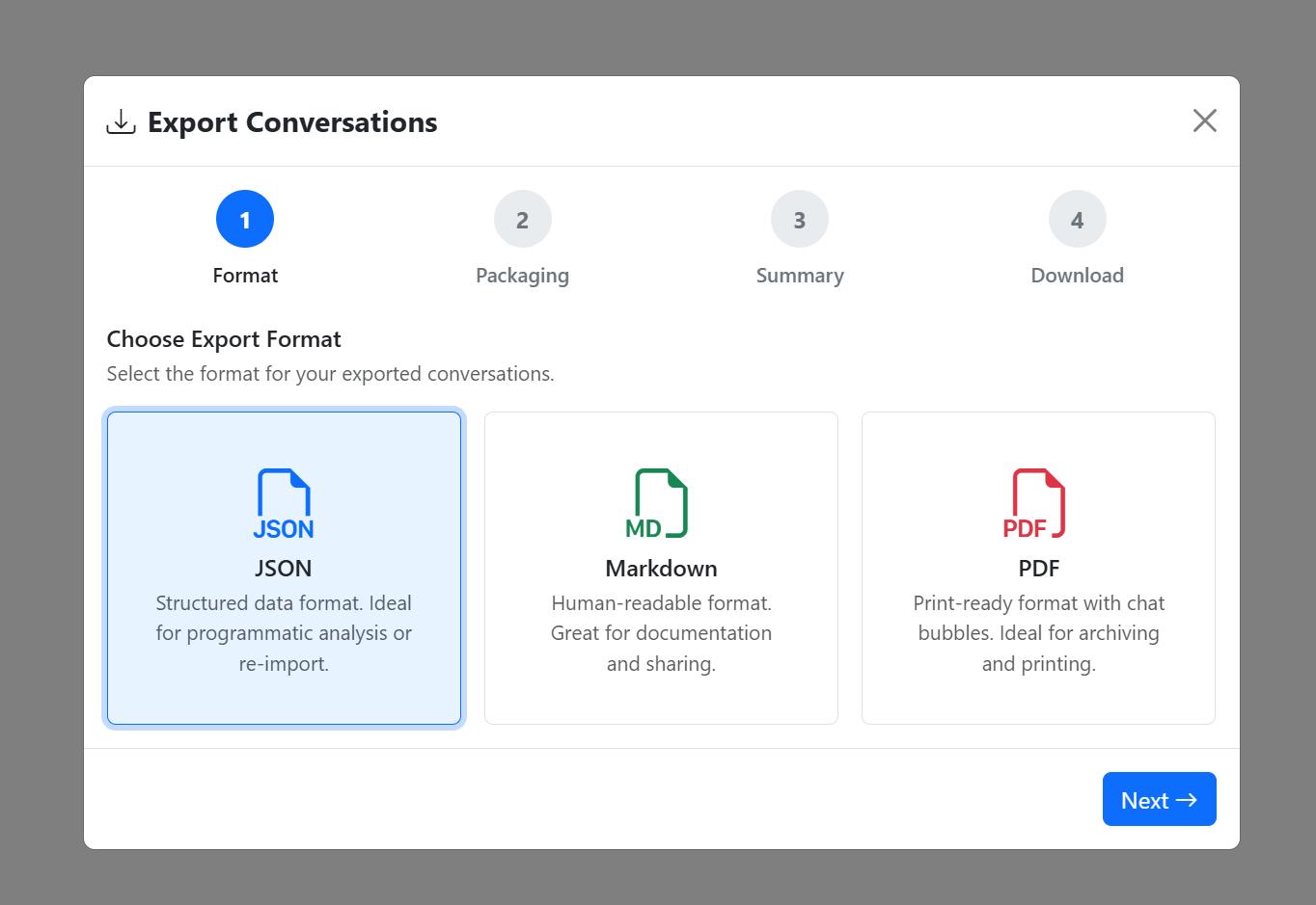 Conversation export format options screenshot