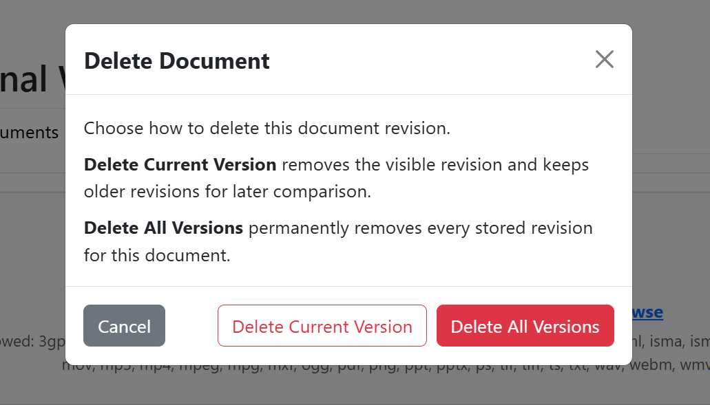 Document revision actions and comparison screenshot