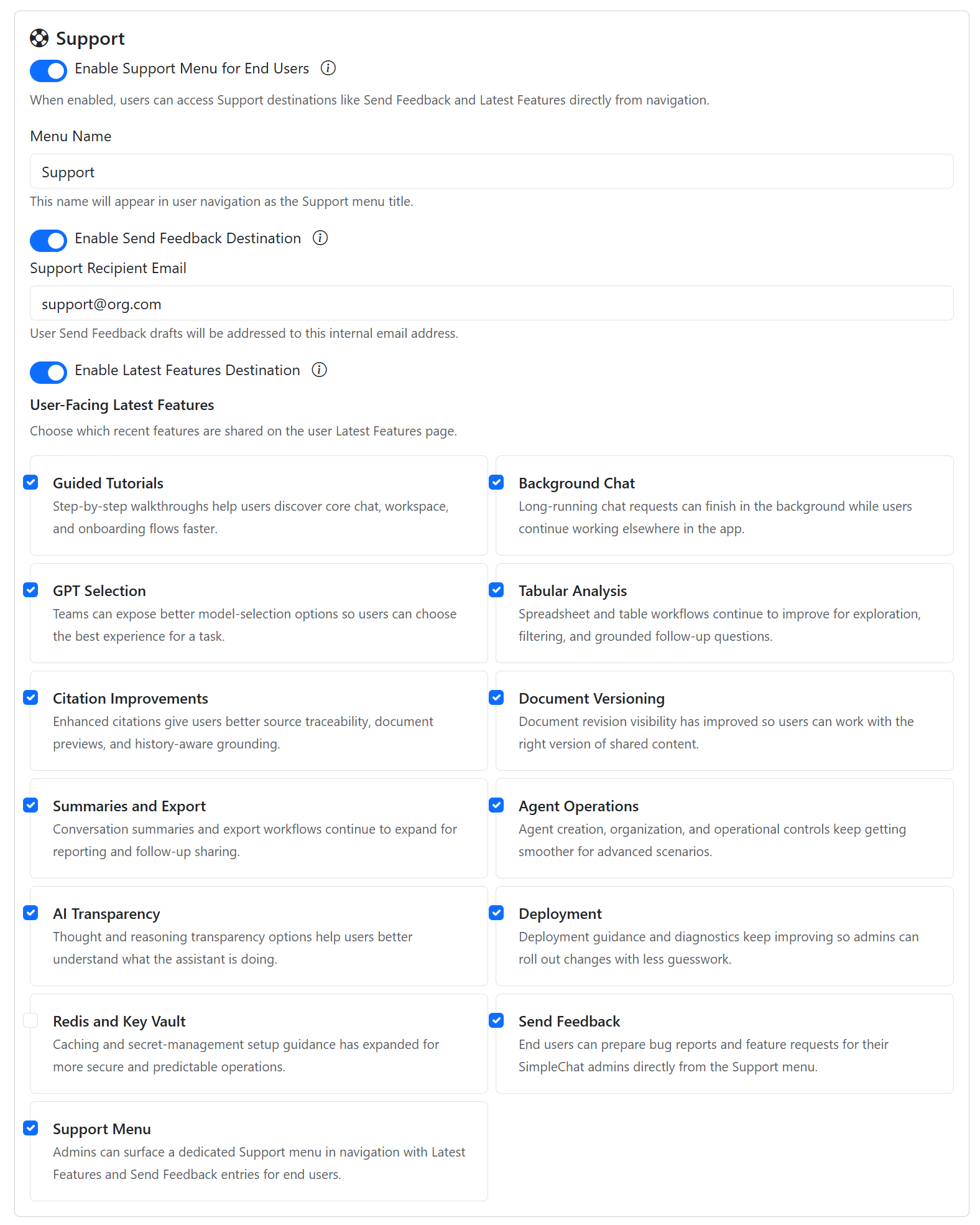 Annotated Admin Settings screenshot showing Support menu and user-facing Latest Features controls.