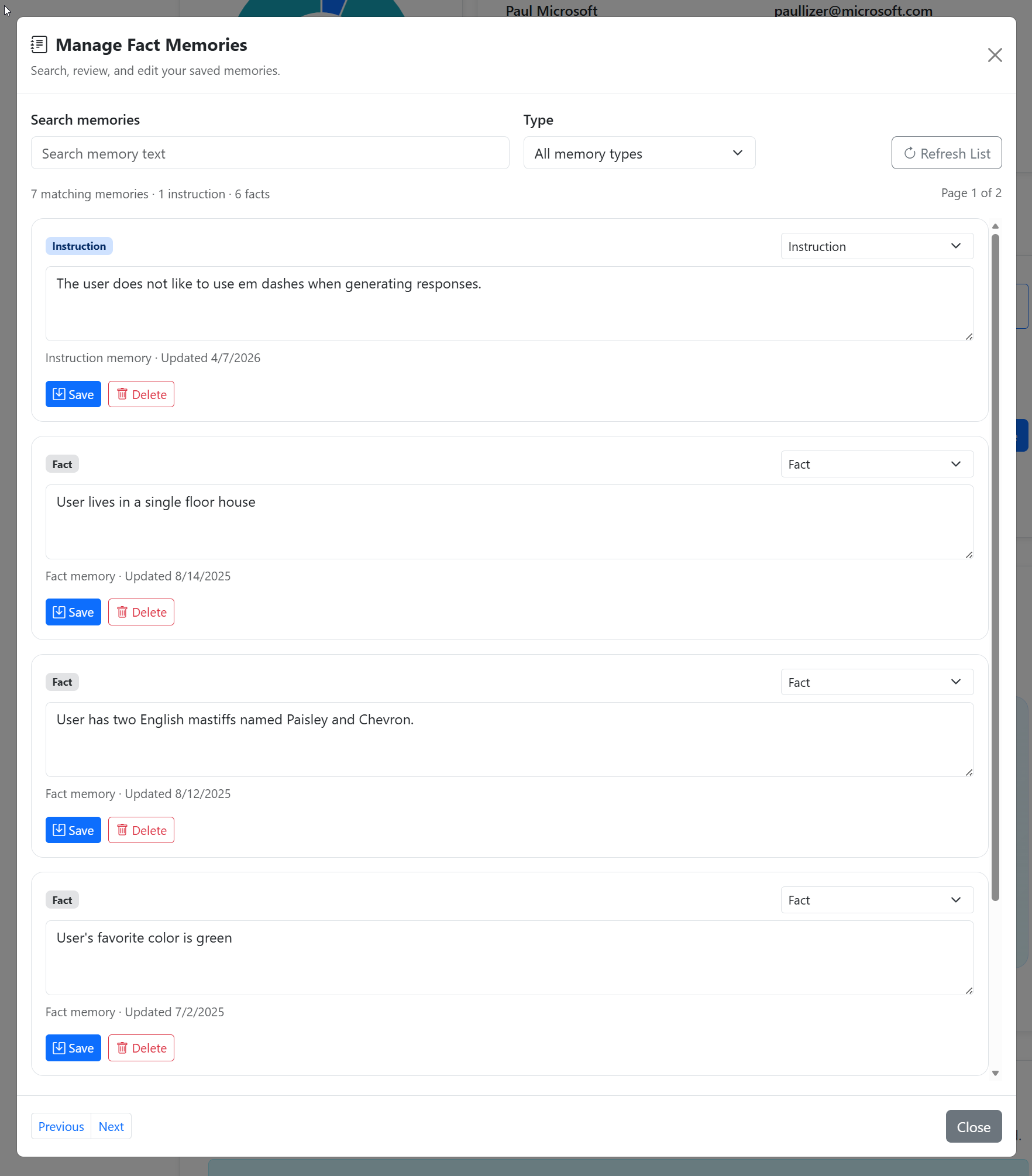 Fact memory management modal screenshot