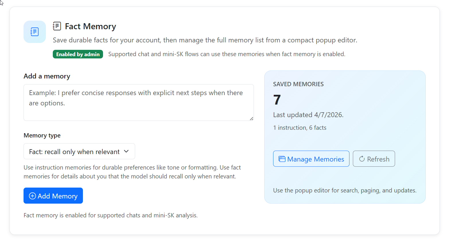 Profile fact memory section screenshot