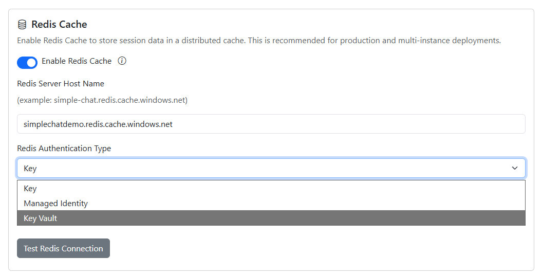 Redis Key Vault configuration screenshot