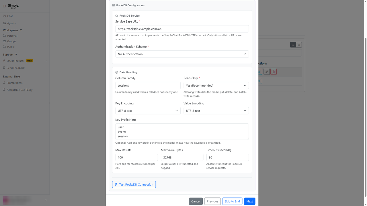 Configure the RocksDB Action screenshot placeholder