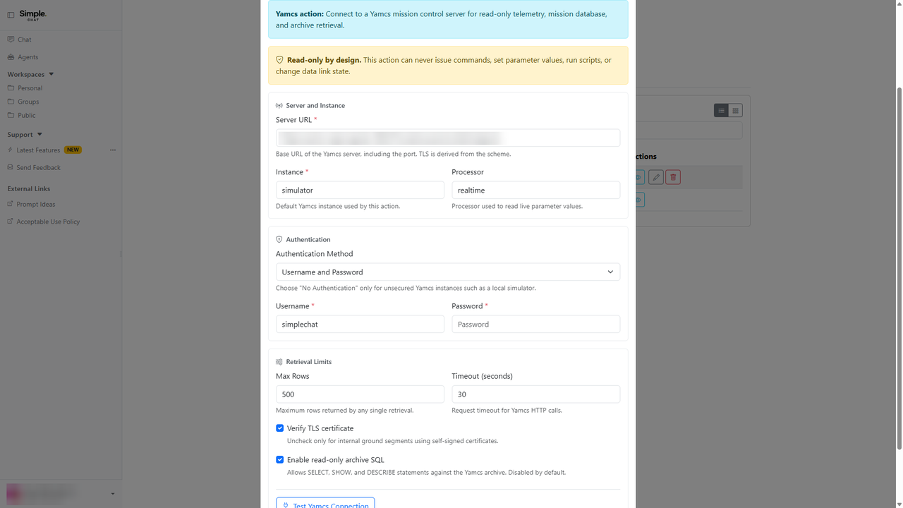 Configure the Yamcs Action screenshot placeholder